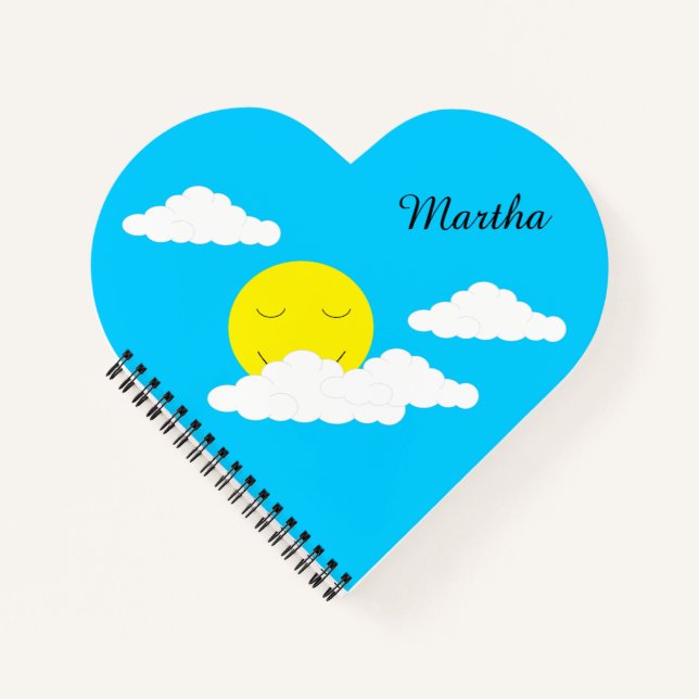 Smiling Sun with Popcorn Clouds:  Heart-shaped Notebook (Front)