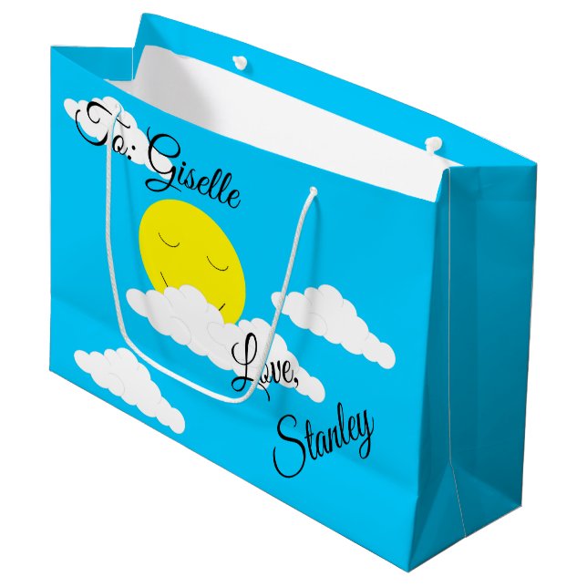 Smiling Sun with Puffy Clouds: Large Gift Bag (Front Angled)