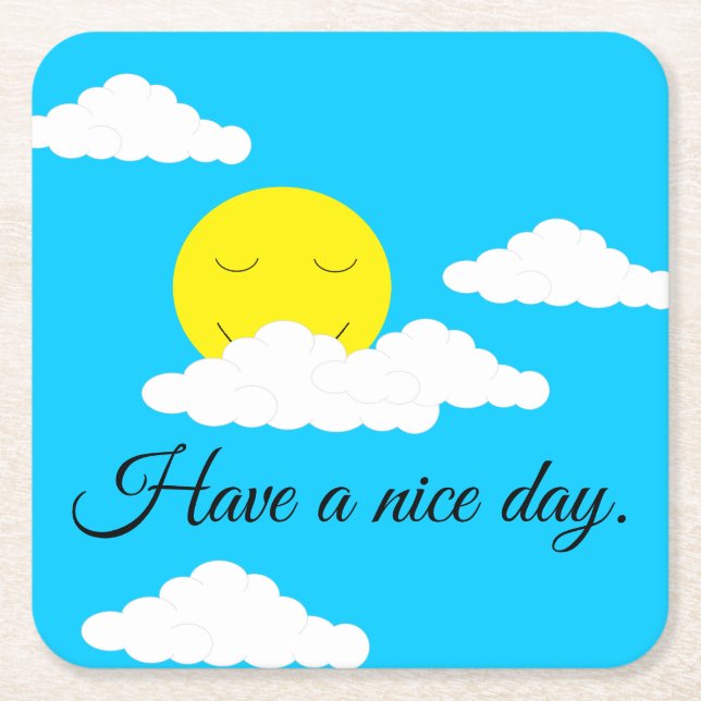 Smiling Sun with Puffy Clouds: Square Paper Coaster (Front)