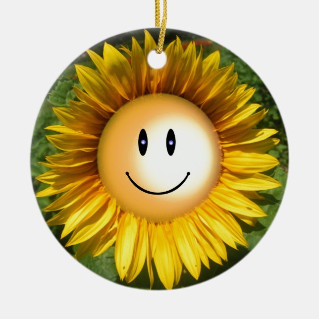 Smiling sunflower artistic illustration ceramic tree decoration (Front)
