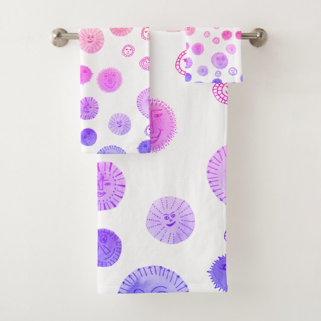 Smiling Suns Watercolor Whimsical Weird Pattern Bath Towel Set (Insitu)
