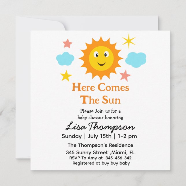 Smiling Sunshine Here Comes The Sun Baby Shower  Invitation (Front)