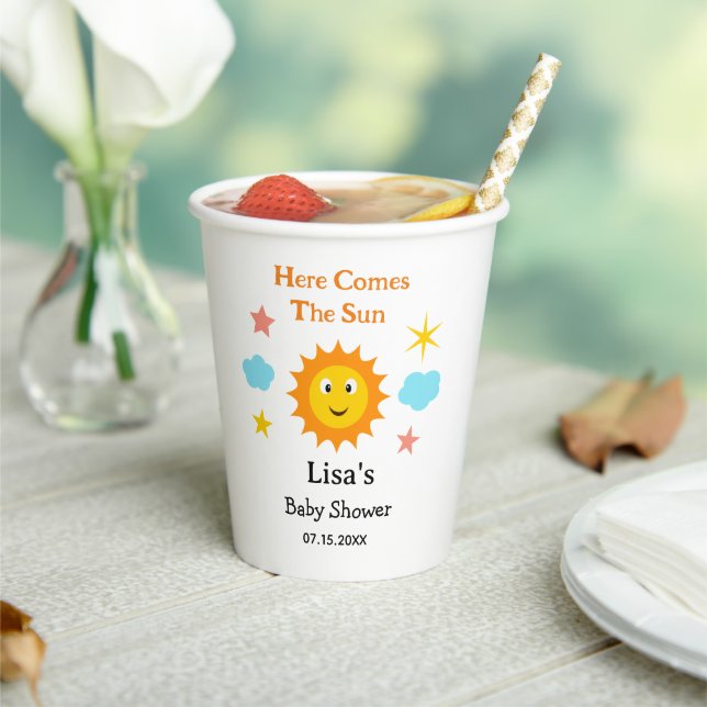 Smiling Sunshine Here Comes The Sun Baby Shower  Paper Cups (Insitu)