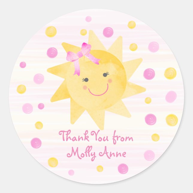 Smiling Sunshine Pink Yellow Dots Girly Thank You Classic Round Sticker (Front)
