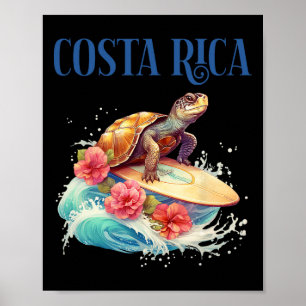 Smiling Surfing Beach Turtle Tropical Flowers Souv Poster