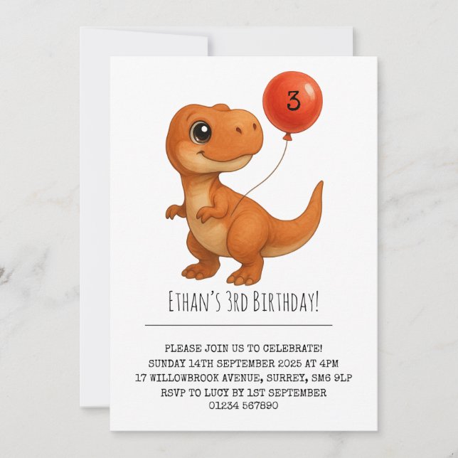 Smiling T-Rex with Red Balloon Birthday  Invitation (Front)