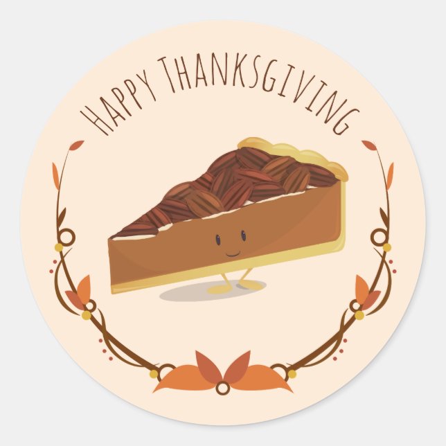 Smiling Thanksgiving Pecan Pie Slice Tan Brown Classic Round Sticker (Front)