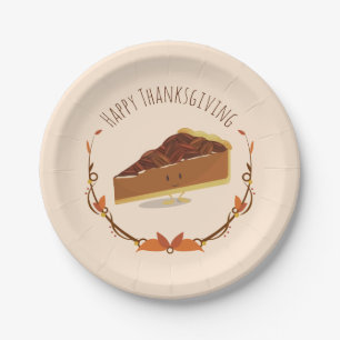 Smiling Thanksgiving Pecan Pie Slice Tan Brown Paper Plate