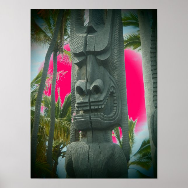 Smiling tiki statue pink tropical poster (Front)