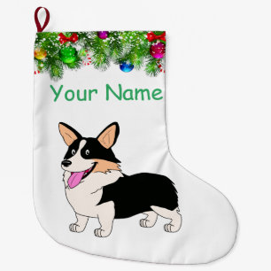 Smiling Tricolor Corgi Holiday Large Christmas Stocking