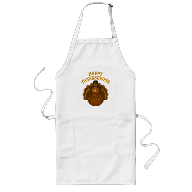 Smiling Turkey in Pilgrim Hat Happy Thanksgiving Long Apron (Front)