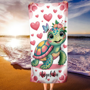 Smiling Turtle Cute Hearts Butterflies Summer Fun Beach Towel
