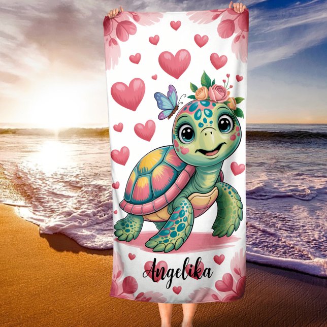 Smiling Turtle Cute Hearts Butterflies Summer Fun Beach Towel (Creator Uploaded)