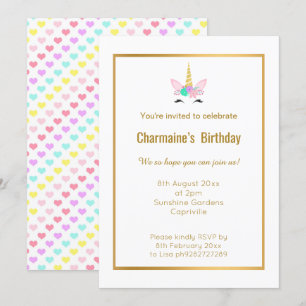SMILING UNICORN RAINBOW HEART GOLD 2 INVITATION