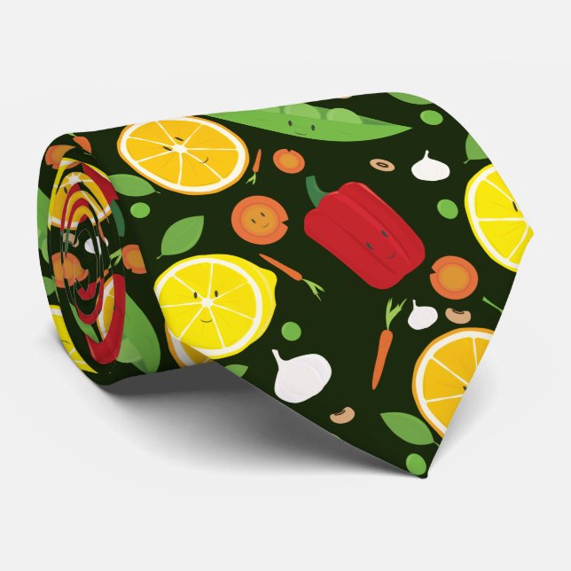 Smiling Vegetable Fruit Dark Green Novelty Pattern Tie (Rolled)
