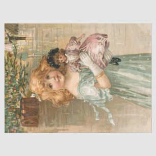 Smiling Victorian Girl with Doll at Christmas Ball Tissue Paper