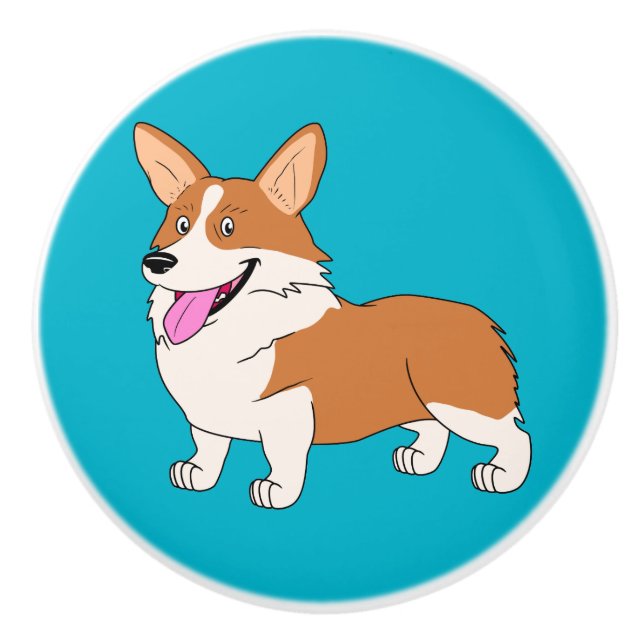 Smiling Welsh Corgi Cartoon Ceramic Knob (Front)