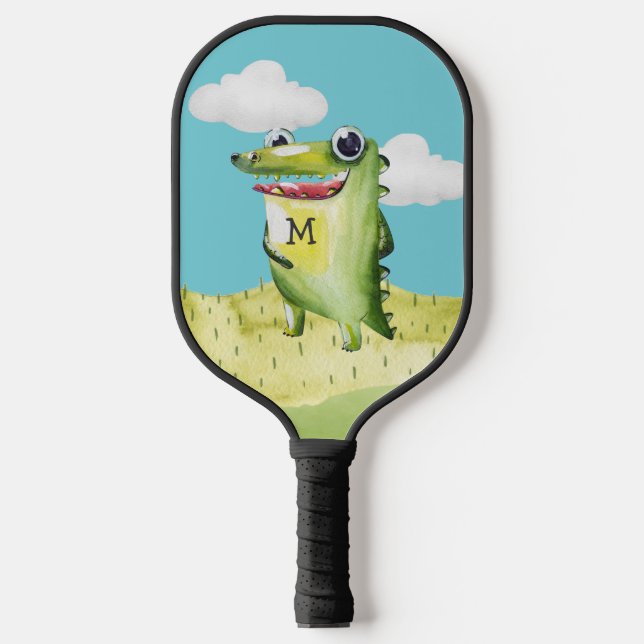 Smiling Whimsical Gator with Your Monogram Initial Pickleball Paddle (Front)
