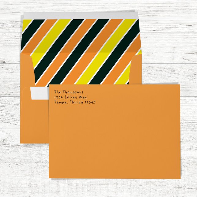 Smiling Whimsy Halloween Candy Corn Envelope (Orange and black diagonal stripes envelope. )