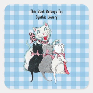 Smiling White Mother Cat With Three Kittens Plaid Square Sticker