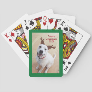 Smiling White Reindeer Puppy Dog Christmas Green Playing Cards