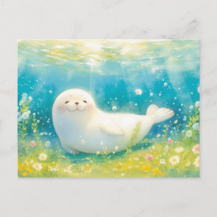 Smiling White Seal in Luminous Ocean Postcard
