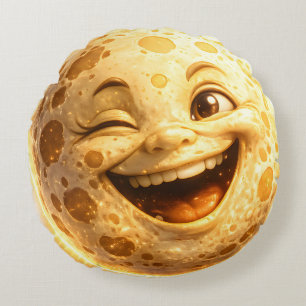 Smiling winking moon round cushion