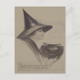Smiling Witch Cauldron Spell Potion Sepia Postcard