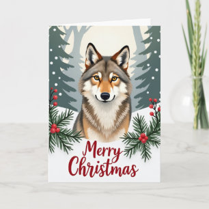 Smiling Wolf Merry Christmas Card Winter Woods
