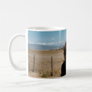 Smiling woman on brown and green field coffee mug