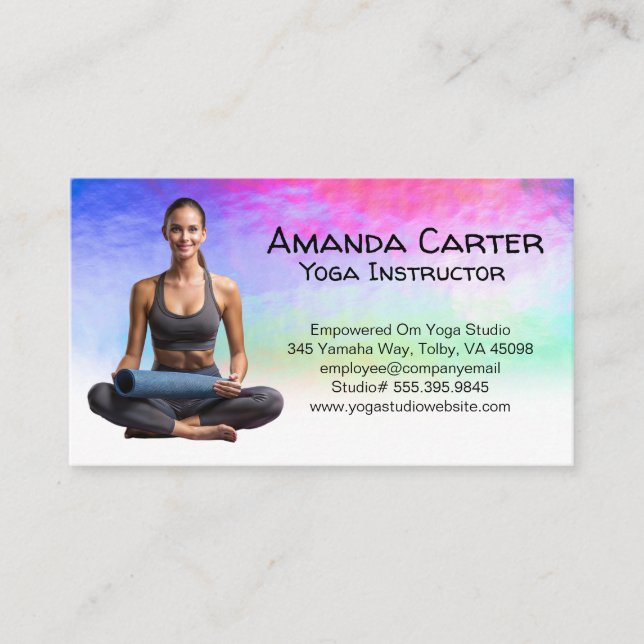 Smiling Woman Seated with Yoga Mat  Business Card (Front)