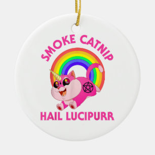 Smoke Catnip Hail Lucipurr, Funny Satan Cat Unicor Ceramic Tree Decoration
