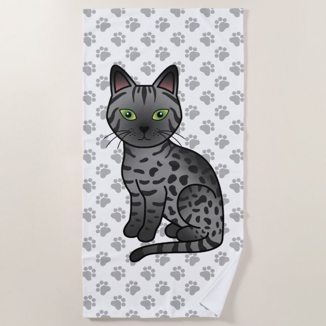 Smoke Egyptian Mau Cute Cartoon Cat & Paws Beach Towel (Front)