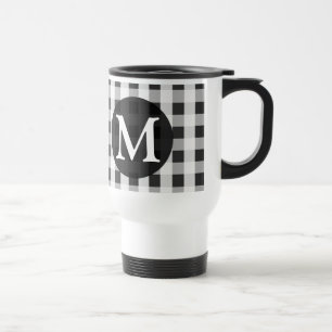 Smoke Grey Gingham Pattern Personalised Monogram Travel Mug