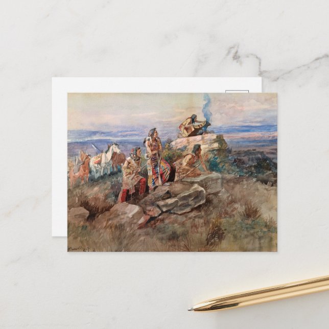 Smoke Signal by Charles Marion Russell Holiday Postcard (Front/Back In Situ)