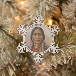 Smoke Signals: Lakota Indian Chief Sitting Bull Snowflake Pewter Christmas Ornament