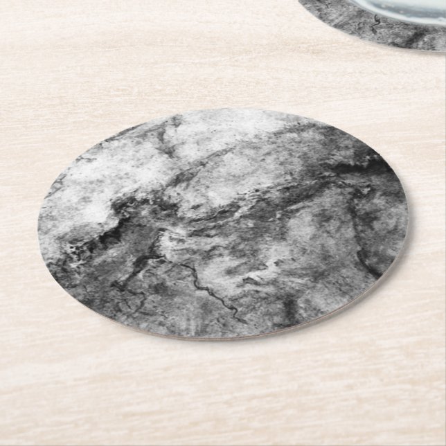 Smoke Streaked Black White marble stone finish Round Paper Coaster (Angled)