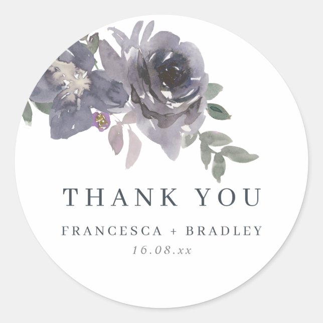 Smokey Blue Flowers Wedding Thank You Classic Round Sticker (Front)