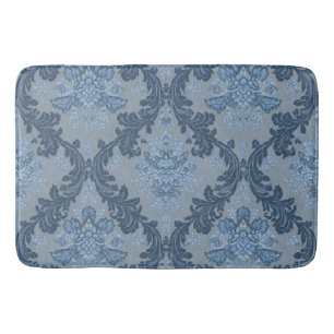 Smokey Blue Slate Soft Powder Blue Elegant Damask Bath Mat