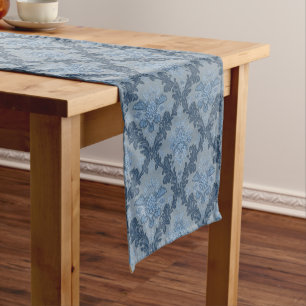 Smokey Blue Slate Soft Powder Blue Elegant Damask Medium Table Runner