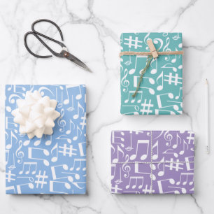 Smokey Blue w Dancing Music Notes Wrapping Paper Sheet
