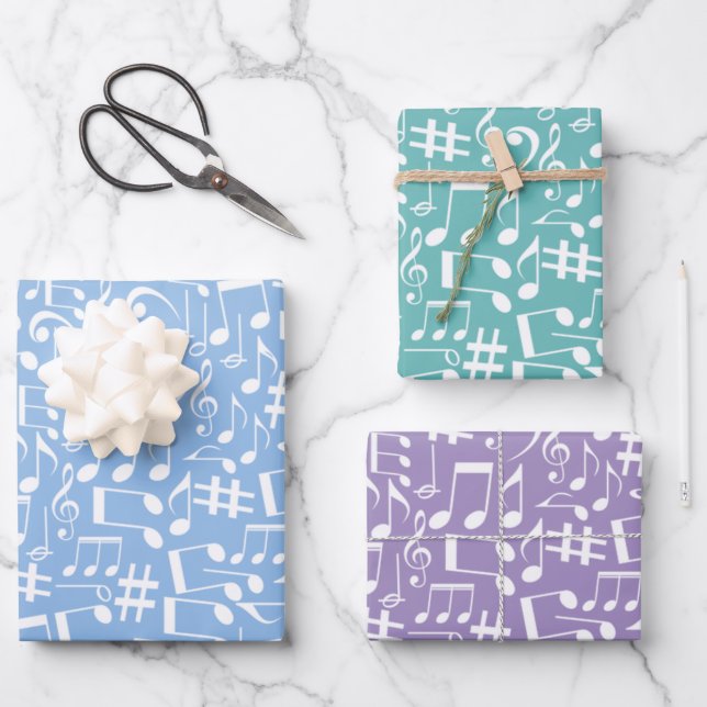 Smokey Blue w Dancing Music Notes Wrapping Paper Sheet (Front)