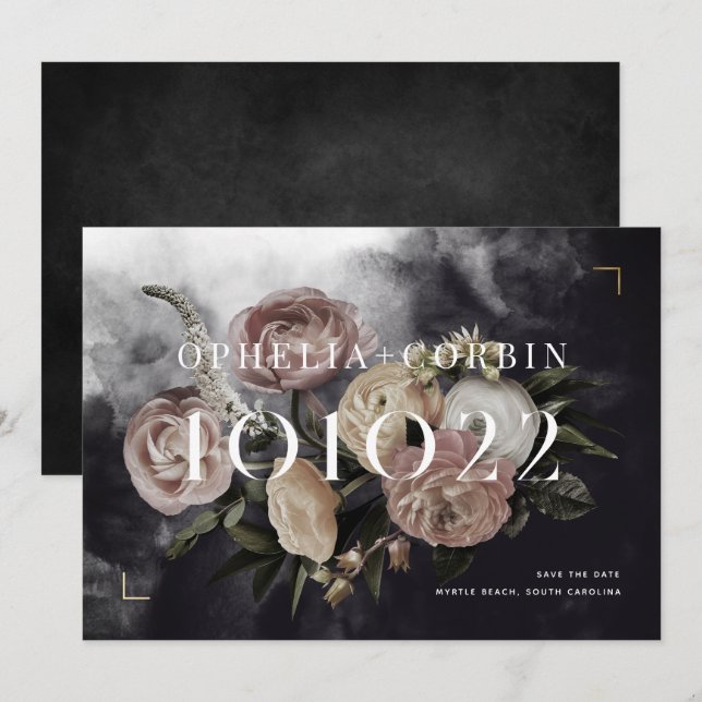 Smokey Dark Black Rose Bouquet Wedding Save The Date (Front/Back)