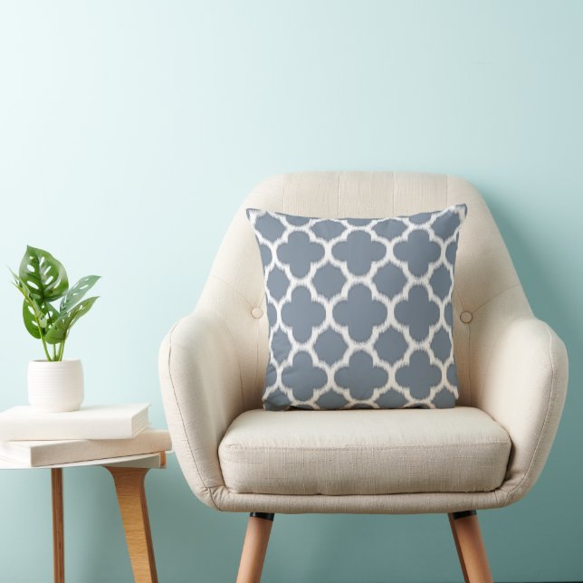 Smokey Grey Blue Ikat Quatrefoil Mosaic Pattern Cushion (Chair)
