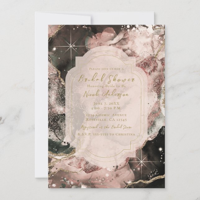 Smokey Pink Galaxy Watercolor Celestial Bridal  Invitation (Front)