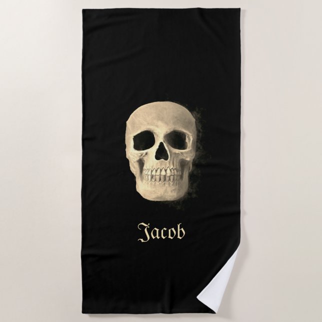 Smokey Skull Beige Black Gothic Grunge Design Beach Towel (Front)