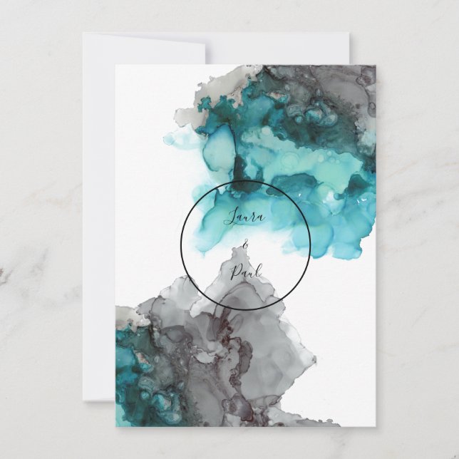 Smokey Teal and Grey wedding invitation (Front)