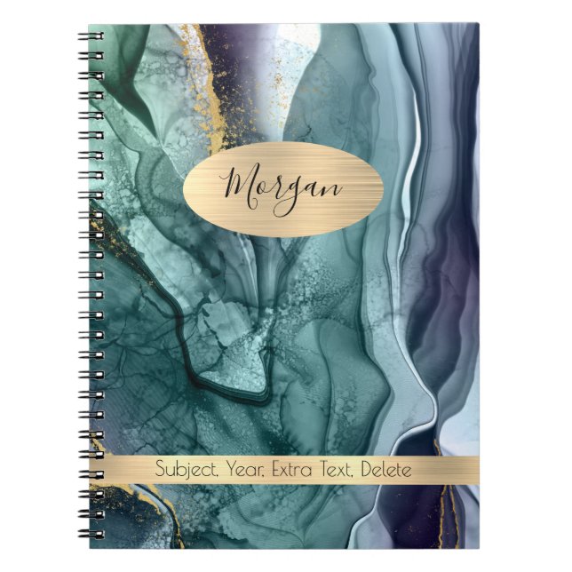 Smokey Teal Grey Gold Ink Abstract Name/Subject #2 Notebook (Front)
