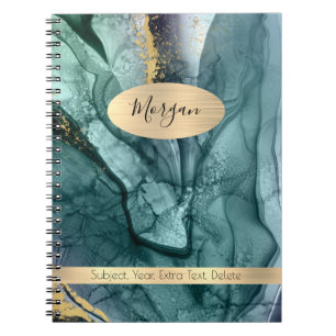 Smokey Teal Grey & Gold Ink Abstract, Name/Subject Notebook