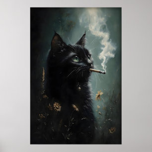 Smoking Black Cat Flower Poster, Dark Academia Poster